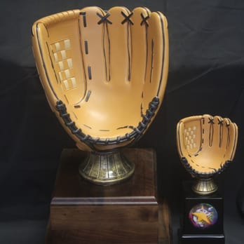 Trophy Case - Large & Small Colored Resin Glove Trophies - Trophy Shops Near Me - Hilo, Hawaii