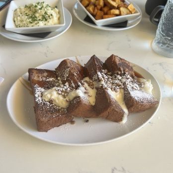 Full Belly - Pecan pie French toast, white cheddar grits and breakfast potatoes - Breakfast & Brunch Near Me - San Antonio, Texas Full Belly - Pecan pie French toast, white cheddar grits and breakfast potatoes - Breakfast & Brunch Near Me - San Antonio, Texas