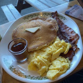 The Rolling Pin Bake and Brew - Pancake Breakfast with Eggs and Bacon (and a shot glass of syrup) - Bakeries Near Me - Bandon, Oregon The Rolling Pin Bake and Brew - Pancake Breakfast with Eggs and Bacon (and a shot glass of syrup) - Bakeries Near Me - Bandon, Oregon