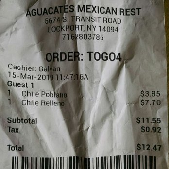 Aguacates Mexican Restaurant - Charged wrong for my order twice the price on the menu for the relleno - Mexican Near Me - Lockport, New York Aguacates Mexican Restaurant - Charged wrong for my order twice the price on the menu for the relleno - Mexican Near Me - Lockport, New York