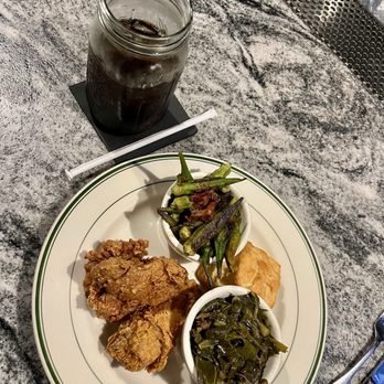 Fixins Soul Kitchen  - Two 2 Piece Plate with fried chicken, okra, collard greens, and cornbread - Soul Food Near Me - Los Angeles, California