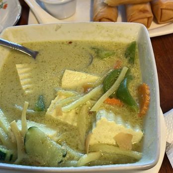 Absolute Thai Cafe - Green curry with tofu, egg fried rice and spring rolls - Thai Near Me - Valparaiso, Florida Absolute Thai Cafe - Green curry with tofu, egg fried rice and spring rolls - Thai Near Me - Valparaiso, Florida