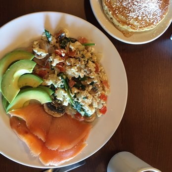 Eggsellent Cafe - Ironman skillet with avocado and smoked salmon. Plus a side of pancakes and some coffee! - Breakfast & Brunch Near Me - Carrollton, Texas