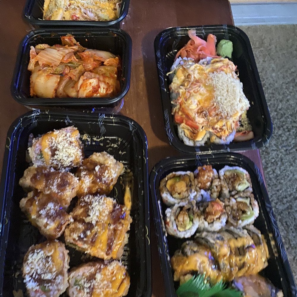 Spicy Kani salad, kimchi, Mexico roll, spider roll, volcano roll, angry bird roll Spicy Kani salad, kimchi, Mexico roll, spider roll, volcano roll, angry bird roll