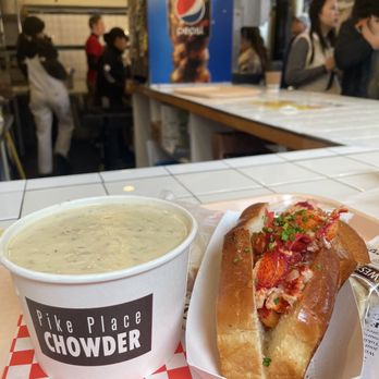 Pike Place Chowder - New England Clam Chowder Connecticut-Style Lobster Roll - Served Warm - Seafood Near Me - Seattle, Washington Pike Place Chowder - New England Clam Chowder Connecticut-Style Lobster Roll - Served Warm - Seafood Near Me - Seattle, Washington