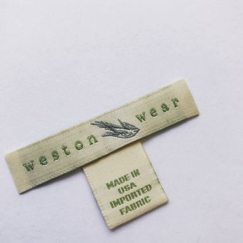 Label Mart - Weston Wear: This is a WOVEN LABEL on damask material finished with an end fold (main label) and center fold (info label). - Printing Services Near Me - Los Angeles, California Label Mart - Weston Wear: This is a WOVEN LABEL on damask material finished with an end fold (main label) and center fold (info label). - Printing Services Near Me - Los Angeles, California