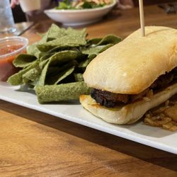 Altitude Chophouse & Brewery - Lamb meatloaf sandwich with green chile chips and salsa