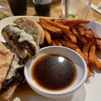 Shakas Beach Bar & Grill - Brisket Grilled Cheese with Huli-Huli au jus and sweet potato fries - Fish & Chips Near Me - Nags Head, North Carolina