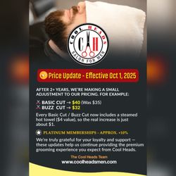 Cool Heads - Price Update- Effective 1st October 2025.