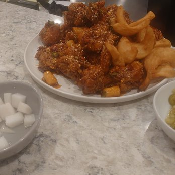 Furai Chicken - Kang jung fried chicken, fries, complementary pickled radishes and jalapeños - Korean Near Me - Garden Grove, California Furai Chicken - Kang jung fried chicken, fries, complementary pickled radishes and jalapeños - Korean Near Me - Garden Grove, California
