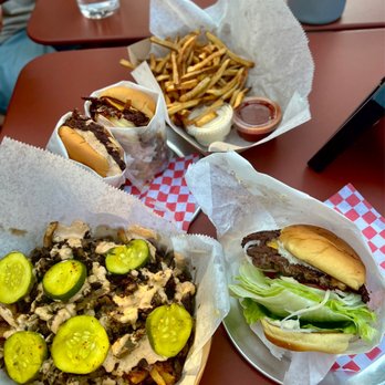 Lowboy - Lowburgers (top left), Fries, Gator Fries, Fresh Burger (bottom right) - Cocktail Bars Near Me - Los Angeles, California Lowboy - Lowburgers (top left), Fries, Gator Fries, Fresh Burger (bottom right) - Cocktail Bars Near Me - Los Angeles, California