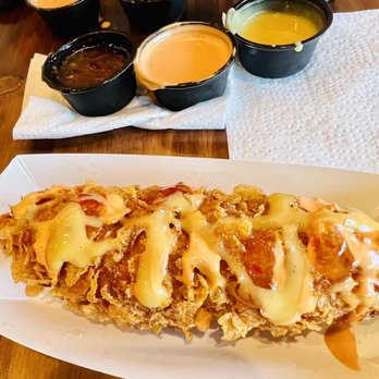 Domo Desserts - Crunch Cereal Half And Half Korean Corn Dog With Sugar And Red Hot Sweet Chili Sauce Honey Mustard Sauce And Sriracha Mayo Sauce - Donuts Near Me - Huntington Park, California Domo Desserts - Crunch Cereal Half And Half Korean Corn Dog With Sugar And Red Hot Sweet Chili Sauce Honey Mustard Sauce And Sriracha Mayo Sauce - Donuts Near Me - Huntington Park, California