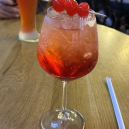 a drink in a glass with cherries on the rim a drink in a glass with cherries on the rim