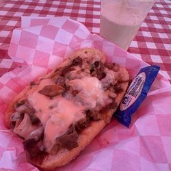 Quickie's Burger and Fries - Philly cheesesteak sandwich with a vanilla shake.