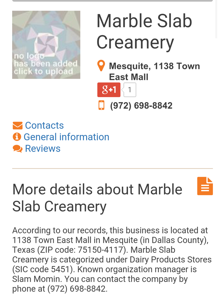 MARBLE SLAB CREAMERY INC 1138 Town East Mall, Mesquite, Texas Ice