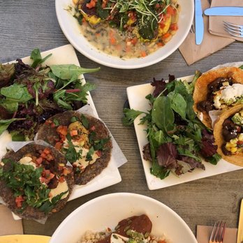 Trilogy Sanctuary - Starting at top, rotating clockwise: eggplant ravioli, Barbacoa tacos, enchiladas, falafel tacos - Juice Bars & Smoothies Near Me - La Jolla, California Trilogy Sanctuary - Starting at top, rotating clockwise: eggplant ravioli, Barbacoa tacos, enchiladas, falafel tacos - Juice Bars & Smoothies Near Me - La Jolla, California