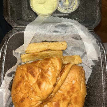 Ole Cuban Kitchen - Shrimp burger and Yucca Fries with garlic sauce - Cuban Near Me - Atlanta, Georgia Ole Cuban Kitchen - Shrimp burger and Yucca Fries with garlic sauce - Cuban Near Me - Atlanta, Georgia