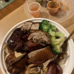 3 Combo Rice(Choose Three) with soy sauce chicken, duck and bbq pork, and the 4 sauces 3 Combo Rice(Choose Three) with soy sauce chicken, duck and bbq pork, and the 4 sauces