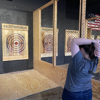 Axe Republic - Bay 9, lanes are about 10ft long and there's plenty of space between throwers. - Axe Throwing Near Me - Williamsburg, Virginia Axe Republic - Bay 9, lanes are about 10ft long and there's plenty of space between throwers. - Axe Throwing Near Me - Williamsburg, Virginia