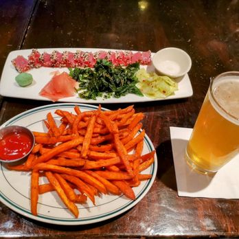Daily Grill - Ahi Tuna Sashimi & house beerfrom Happy Hour menu, sweet potato fries - American Near Me - Burbank, California Daily Grill - Ahi Tuna Sashimi & house beerfrom Happy Hour menu, sweet potato fries - American Near Me - Burbank, California