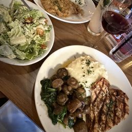 Grilled chicken with seasonal veggies and Mashed Potatoes. Cesar salad. Chicken fried steak with mashed potatoes