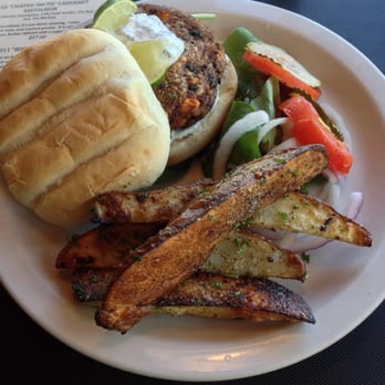 Burr Trail Grill - Sweet Potato and black bean burger w/ side of potato wedges. Delicious! - New American Near Me - Boulder, Utah