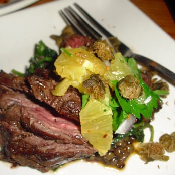 Avec - Chicago - marinated hanger steak with puy lentils, melted bone marrow, spinach, tomato, oranges and fried capers $14 - Mediterranean Near Me - Chicago, Illinois