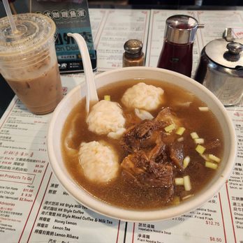 Maxi’s Noodle - Wonton noodle with wonton and beef stew (July 2023) and a iced milk tea coffee - Cantonese Near Me - Flushing, New York Maxi’s Noodle - Wonton noodle with wonton and beef stew (July 2023) and a iced milk tea coffee - Cantonese Near Me - Flushing, New York