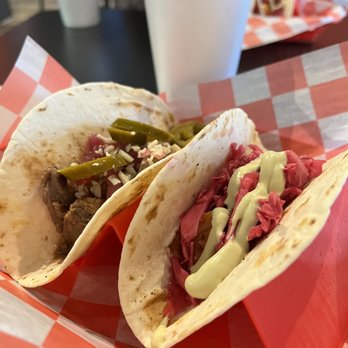 202 Hometown Tacos - two corned beef tacos with pickles - Mexican Near Me - Bellevue, Pennsylvania 202 Hometown Tacos - two corned beef tacos with pickles - Mexican Near Me - Bellevue, Pennsylvania