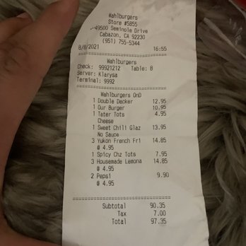 Wahlburgers - Receipt - American Near Me - Cabazon, California