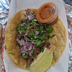 Deliciastacos - Steak Taco with a side of flavorful salsa. They have the right name for their food truck because their tacos are DELICIOUS!!