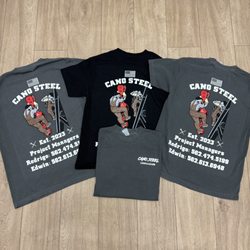 Custom screen-printed heavy-weight shirts for Cano Steel! Bold graphics & durable prints to keep your team looking sharp on the job.
