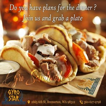 Gyro Star - two pita sandwiches with sauce - Greek Near Me - Bremerton, Washington Gyro Star - two pita sandwiches with sauce - Greek Near Me - Bremerton, Washington