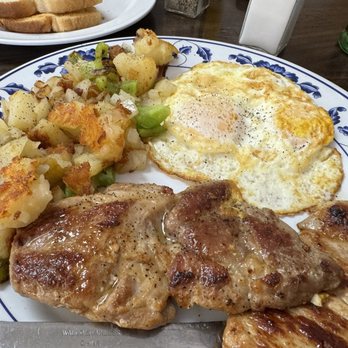 J & A's Cafe - Pork chops n eggs with home fries. Delicious - Cafes Near Me - Duarte, California