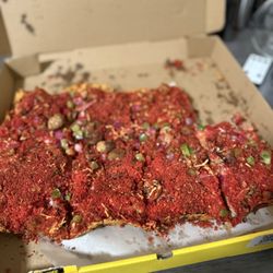 Winzza - Detroit square deep dish pizza with Flamin Hot Cheetos crust