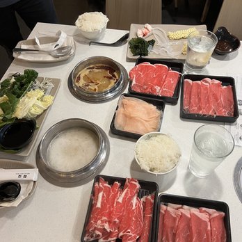 Spring Shabu-Shabu - Ribeye, Lamb, and Chicken. We also got the spicy broth and pork bone broth - Japanese Near Me - Flushing, New York Spring Shabu-Shabu - Ribeye, Lamb, and Chicken. We also got the spicy broth and pork bone broth - Japanese Near Me - Flushing, New York