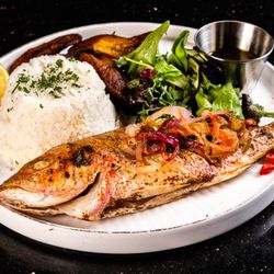 WHOLE RED SNAPPER AND RICE/ MASHED POTATOES AND PLANTAINS