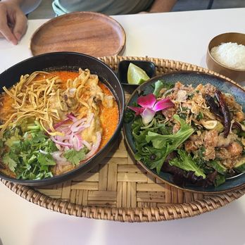 Nok’s Kitchen - Khao soi with chicken on the left. Salmon Larb Salad on right - Laotian Near Me - Westminster, California Nok’s Kitchen - Khao soi with chicken on the left. Salmon Larb Salad on right - Laotian Near Me - Westminster, California