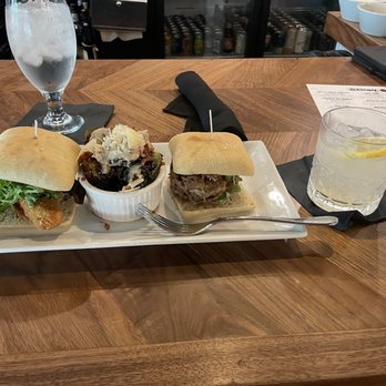 TASTE! Craft Eatery - Paso Robles - Buff bird slider, Italian Brussels sprouts, pork banh mi slider and Wet T Shirt contest drink. Glass of water - Salad Near Me - Paso Robles, California