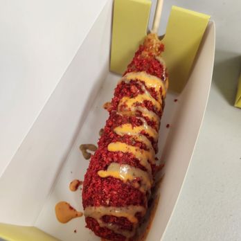 Kim’s Korean Corn Dogs - Spice lover - full sausage, honey mustard, spicy mayo - Korean Near Me - Brooklyn, New York Kim’s Korean Corn Dogs - Spice lover - full sausage, honey mustard, spicy mayo - Korean Near Me - Brooklyn, New York