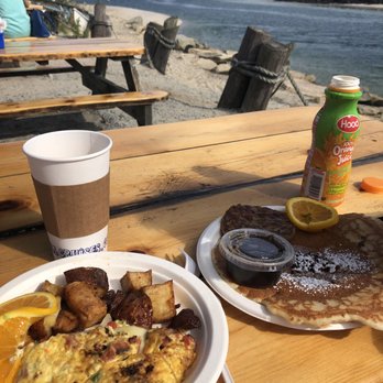 Sesuit Harbor Cafe - Portuguese omelet, home fries, coffee, chocolate chip pancake and sausage - Seafood Near Me - Dennis, Massachusetts Sesuit Harbor Cafe - Portuguese omelet, home fries, coffee, chocolate chip pancake and sausage - Seafood Near Me - Dennis, Massachusetts