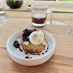 The Burning Barrel - Yellow squash cake, lemon honey ice cream, mulberry compote