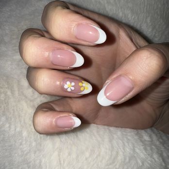 Henna's Nail Lounge - Almond shape, french tip manicure with flower design on the accent nail! - Nail Salons Near Me - Wakefield, Massachusetts Henna's Nail Lounge - Almond shape, french tip manicure with flower design on the accent nail! - Nail Salons Near Me - Wakefield, Massachusetts