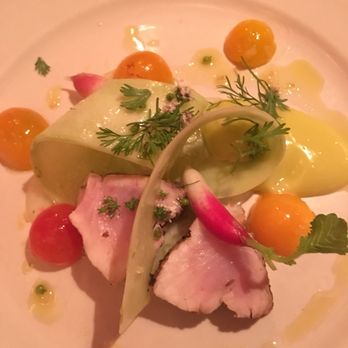 Chez Panisse - Albacore Tuna, radishes, tomatoes with a butter sauce - New American Near Me - Berkeley, California Chez Panisse - Albacore Tuna, radishes, tomatoes with a butter sauce - New American Near Me - Berkeley, California