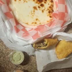 Cheese Arepa, beef empanadas