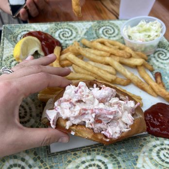 The Upper Deck - Teeny tiny lobster roll $27. Excellent fries at least! - New American Near Me - Southwest Harbor, Maine