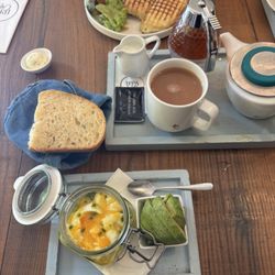 IF Café - Eggs in jar with avocado, tea, fresh variety of bread, whipped herb butter and croque monsieur