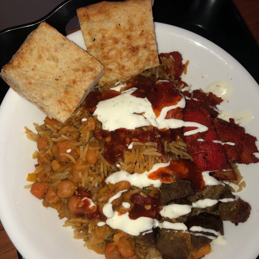 Big Red Halal - half of my combo platter (w all of the provided white sauce) along w chickpeas and potato qorma - Afghan Near Me - Springfield, Virginia Big Red Halal - half of my combo platter (w all of the provided white sauce) along w chickpeas and potato qorma - Afghan Near Me - Springfield, Virginia