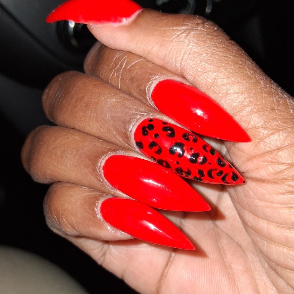 A Renee Nails - red stiletto nails with print - Nail Salons Near Me - Edgemoor, Delaware A Renee Nails - red stiletto nails with print - Nail Salons Near Me - Edgemoor, Delaware