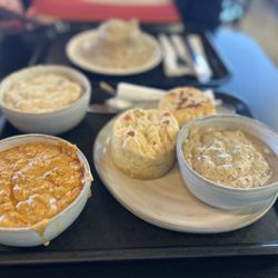 Best Regards Bakery & Cafe - Biscuits and gravy flight.  Two biscuits and 3 bowls of gravy.  Original, mushroom gravy, and chorizo gravy.